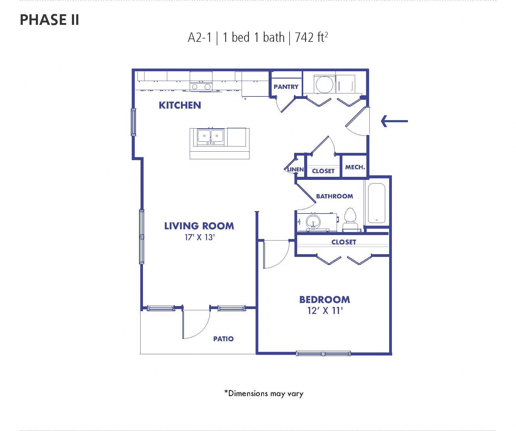 Floor plan for 1 bed, 1 bath, 742 sqft